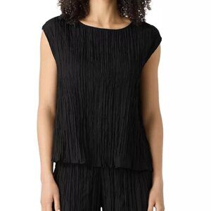 Eileen Fisher Crushed Silk Ballet Neck Top Black Tan Brown Size Medium